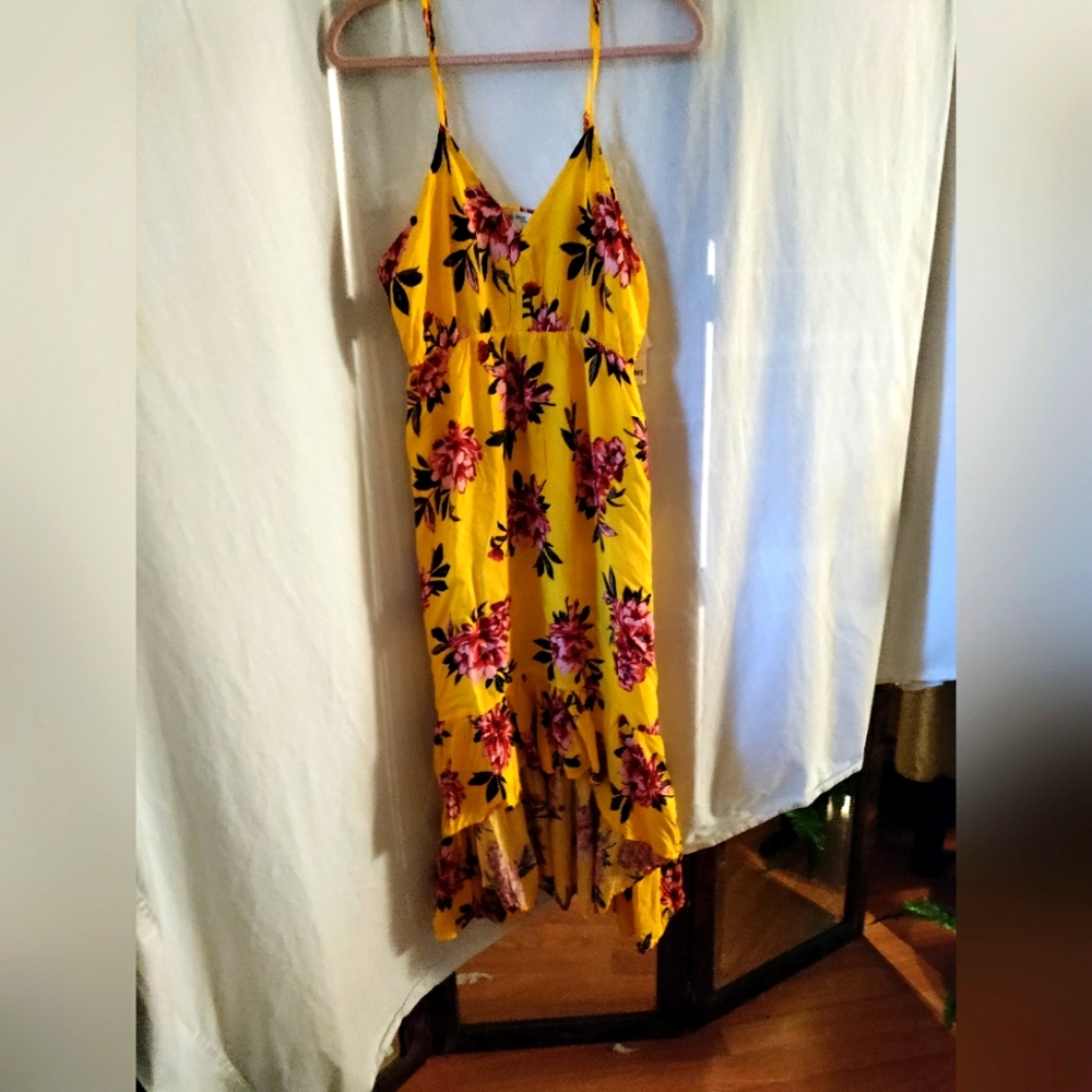 Pacific Vibes Yellow Floral Spaghetti Strap Dress High Low XL  NWT
